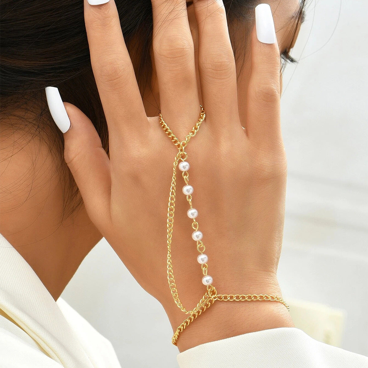 Fashionable Stitching Pearl Curb Ring Chain Bracelet