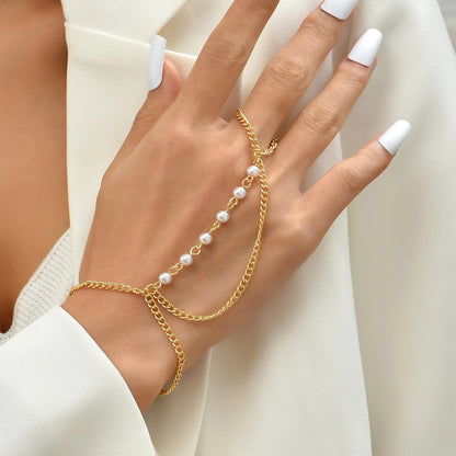 Fashionable Stitching Pearl Curb Ring Chain Bracelet