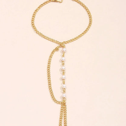 Fashionable Stitching Pearl Curb Ring Chain Bracelet