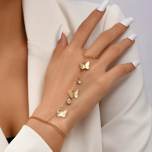 Stylish Butterfly Gold-Plated Ring Chain Bracelet