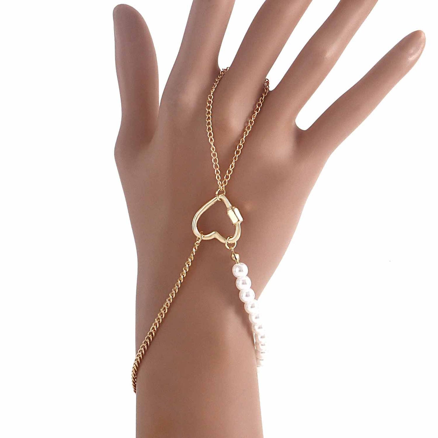 Stylish Heart-Shaped 18K Gold-Plated Pearl Ring Chain Bracelet