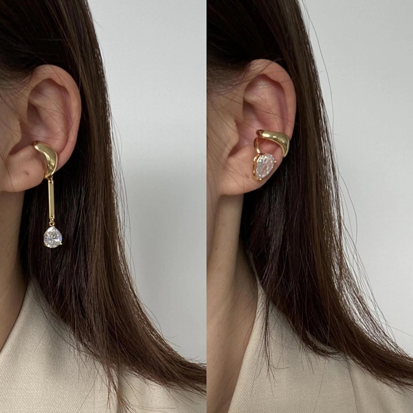 Unique Asymmetric Zircon Gold-Plated/Silver Ear Clip Long Ear Hanging